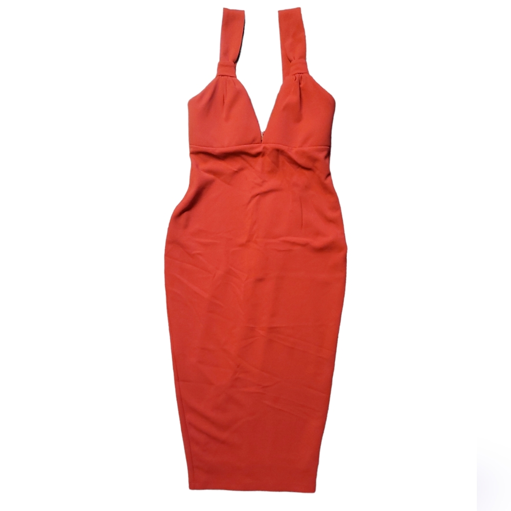 Nookie Lust V-Neck Midi Red Dress Cocktail Body Con Dress Small Thick Strap NWT